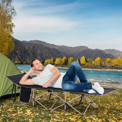 Zdjęcie produktu dla Łóżko polowe Outsunny składane z torbą transportową 190 x 68 x 52 cm łóżko polowe do 150 kg łóżko gościnne dla dorosłych łóżko składane do użytku wewnątrz, na zewnątrz, w ogrodzie, na kempingu i w podróży, czarne
