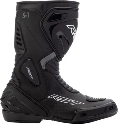 A black motorcycle boot is shown against a white background.