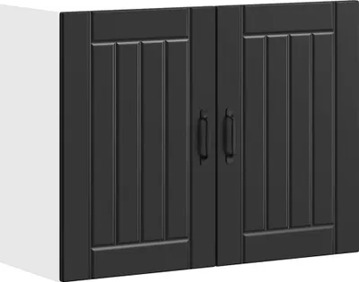 A black kitchen wall cabinet with two doors and handles, shown against a white background.