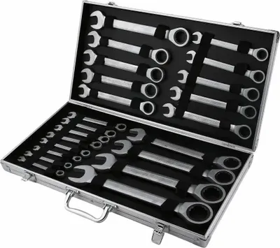 Immagine prodotto di Set di chiavi combinate a cricchetto - 22 pezzi - 6–32 mm - Anello/aperte - Con scatola portaoggetti - Argento