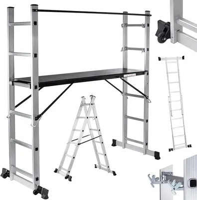 Produktbild von Gerüst Baugerüst Aluminium Leiter Arbeitsgerüst Stehleiter Multifunktionsgerüst Arbeitsbühne mit Geländer und Rollen