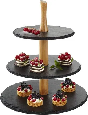 Produktbild von Famanu Etagère 3 Etagen aus Naturleisteen und Acaciahout - Ø 30 cm, Ø 25 cm, Ø 20 cm, H: 34 cm