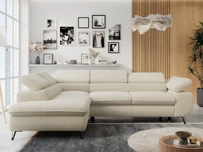 Produktbild von Ecksofa Sofa Beige, Wohnlandschaft L-Form mit Schlaffunktion und Bettkasten, Schlafsofa mit Bettkasten, Sofa mit Einstellbare Kopfstützen, Peter L - Beige Boucle - Links Beige