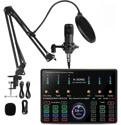 Image de Kit de carte son pour diffusion en direct - Équipement de studio de podcast - Microphone professionnel - Compatible Bluetooth - Plug & Play - Pour PC