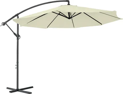 A cream-colored cantilever umbrella with a black metal frame and base, shown against a white background.