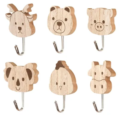 6 selbstklebende Holz-Tierkleiderhaken, niedlich, für Kinderzimmer