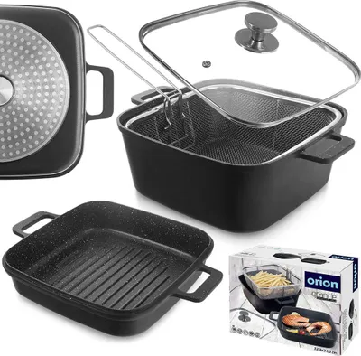 Obrázok produktu pre Orion granitový hrniec Hrniec na varenie Fritovací hrniec so sklenenou pokrievkou s grilovacou panvicou a košom GRANDE 2+4 L 4 ks.