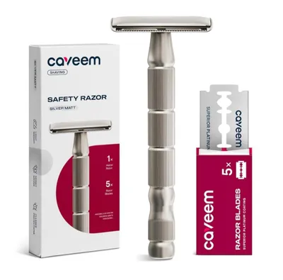 Image de Rasoir de sécurité CAVEEM à double lame, rasoir à lame unique avec 5 lames en acier inoxydable pour femmes et hommes, rasoir de sécurité réutilisable en métal