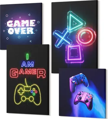 Produktbild von Leinwandbilder Mehrteilig 4-teilig – Modernes Design – Hochwertiger Polycanvas Kunstdruck – Wanddekoration & Wandkunst – Bilder für Zuhause – 2x 40x40 cm + 2x 40x60 cm – Gamepads, Player-Untertitel, Symbole