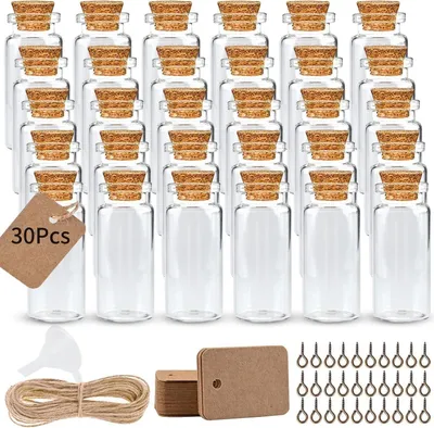 Obrázok produktu pre 30 kusov mini sklenených fliaš s korkom 10ml - svadobné dekorácie a darčeky