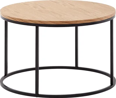 A round coffee table with a wooden top and black metal legs on a white background.