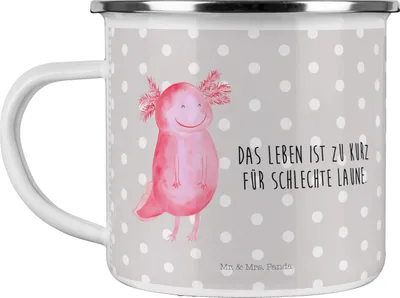 Produktbild von Mr. & Mrs. Panda Teetasse Axolotl Glücklich - Grau Pastell - Geschenk, Gute Laune, Emaille Becher, Tasse, Haferl, Motivationsspruch, Pott, Teebecher, Motivation, Lurch