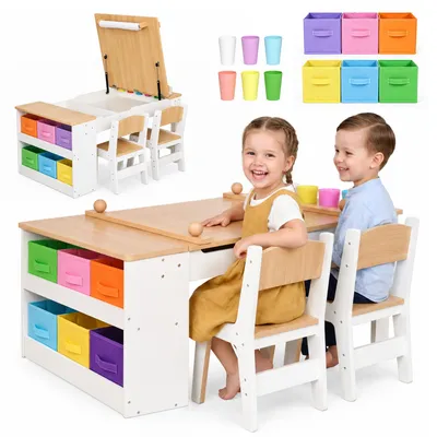 Immagine prodotto di Tavolo per bambini Mamabrum con 2 sedie, piano pieghevole e spazio contenitore, completo di rotolo di carta, 6 contenitori in tessuto e 6 bicchieri in MDF, Immagine generata dall'IA