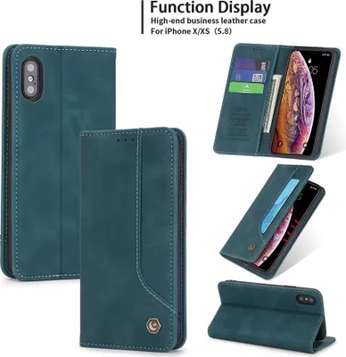Produktbild von iPhone X / XS Hülle, LaimTop Retro Kunstledertasche Schutzhülle mit Kartenfach Standfunktion für iPhone X / iPhone XS Blau