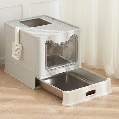 Zdjęcie produktu dla Kuweta dla kota ze stali nierdzewnej Unyqoos®, wyposażona w przestrzenną, szczelną na zapachy szufladę – 360° zabezpieczenie przed wyciekami, odporna na zarysowania, łatwa w czyszczeniu, przeznaczona dla kotów do 15 kg