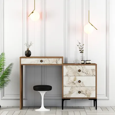Produktbild von Skye Decor, Lizbon 552 - Walnut, White, Schminktisch, Nussbaum, 100 % MELAMINBESCHICHTETE SPANPLATTEN, 124 x 40 x 84,7 cm