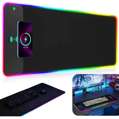 Produktbild von Gaming-Mauspad, RGB-Mauspad, 17 Beleuchtungsmodi, 800 x 300 mm, vergrößertes USB-Gaming-Mauspad, 15W Qi kabelloses Schnellladen, geeignet für PC