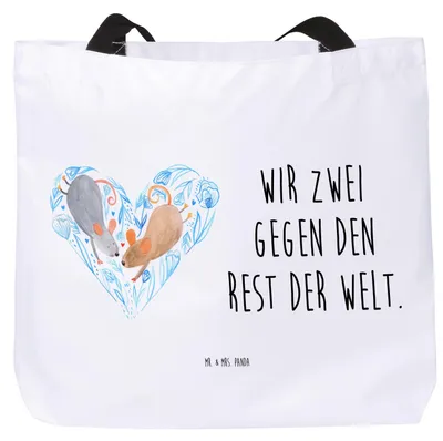 Produktbild von Mr. & Mrs. Panda Tote Bag Mäuse Herz - Weiß - Geschenk, Einkaufstasche, Reisetasche, Hochzeit, Laptoptasche, Freundin, Lieblingsmensch, Liebesspruch, für Immer, Tasche