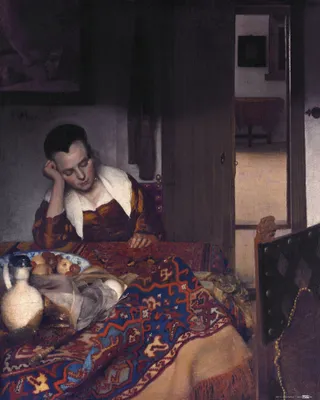 Zdjęcie produktu dla Johannes Vermeer Art Print Obraz - Śpiąca dziewczyna, 1656-1664 (50 x 40 cm)