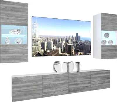 Produktbild von BELINI Wohnwand Vollausstattung Wohnzimmer-Set Moderne Schrankwand mit LED-Beleuchtung Weiß Glänzend Anbauwand TV-Schrank Glamour Holz Matt