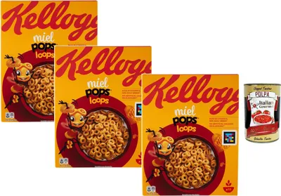 Produktbild von Miel Pops Loops Honig-Getreideringe Frühstücks-Cereal, knusprige Cerealien mit Vitamin D, 3 x 330 g Familienvorrat für Kinder & Erwachsene + Italian Gourmet polpa