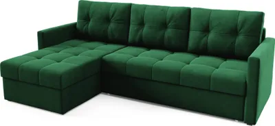A green sectional sofa is shown from a diagonal angle against a white background.