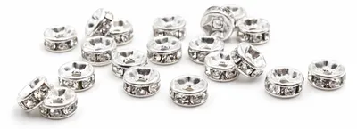 Produktbild von Vintageparts Zwischenperlen mit Strasssteinen Messing silberfarben weiß 6 mm für Armbänder, 20 Stück