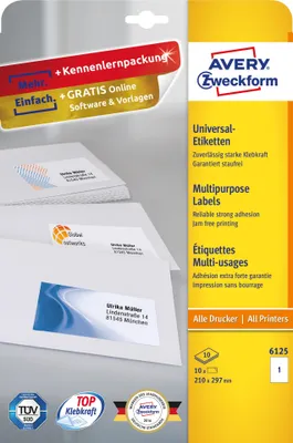 Image de Avery Zweckform 6125 Étiquettes universelles, 210 x 297 mm, 10 feuilles/10 étiquettes, blanc