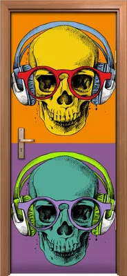 Produktbild von Türposter 80x200 cm Türaufkleber Türtapete Türfolie Klebefolie Schädel Kopfhörer Pop-Stil Kunstwerk