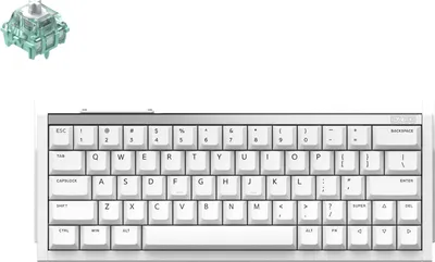 A white mechanical keyboard and a single green mechanical switch are shown against a white background.