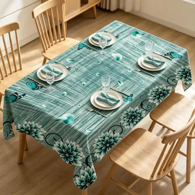 Produktbild von Rechteckige Tischdecke 100x140cm Abwaschbar Blumen Muster Blau Grün