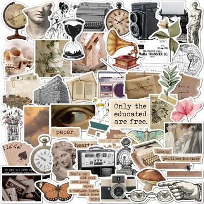 Produktbild von Vintage Vinyl Stickers - 50 Stück Retro Aesthetic Aufkleber für Scrapbook, Laptop, Helm, Koffer und mehr | Literarisch-künstlerische Retro Design, Wasserdichtes Vinyl