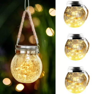 Obrázok produktu pre LUMILED sada 3 solárnych závesných svietidiel 12 cm IP44 3000K 20 LED diód 600mAh solárne závesné svetlo, krištáľové sklenené gule na zavesenie, optika z rozbitého skla, senzor súmraku, záhradná dekorácia pre vonkajšiu záhradnú terasu