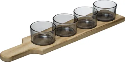 A set of four glass bowls on a wooden serving tray.