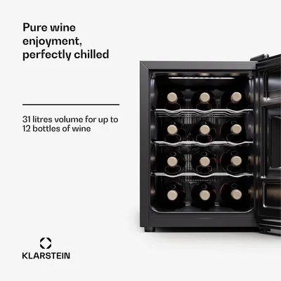 Obrázek produktu pro Klarstein volně stojící 1zónová vinotéka, malá vinotéka, malá skříňka na víno, malá vinotéka se skleněnými dvířky, vnitřní/vnější vinotéka, vinotéka, 12 lahví