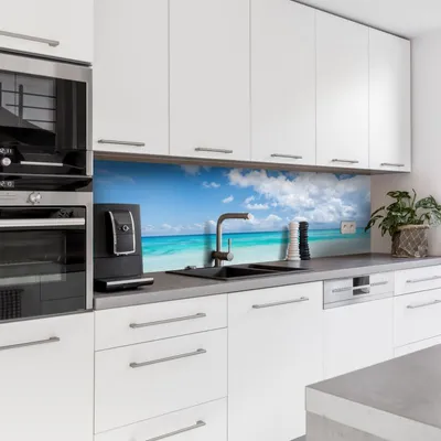 Produktbild von Dedeco Küchenrückwand Motiv: Strand V3, 5mm Hartschaum Kunststoffplatte PVC als Spritzschutz Küchenwand Wandschutz wasserfest, inkl. UV-Lack matt, alle Untergründe, 220 x 60 cm