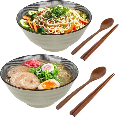 Produktbild von Keramik Ramenschüssel 1100 ml, 2er Set, für Suppe, mit Essstäbchen und Löffeln, mikrowellengeeignet