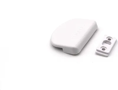 A white door handle and a small white mounting plate are shown on a white background.