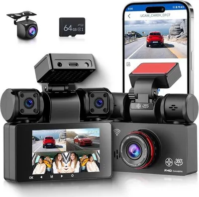 Obrázek produktu pro 4-kanálová palubní kamera do auta s rozlišením 2K vpředu a 1080p vzadu, s 360° záběrem, Wi-Fi, aplikací, 3palcovým displejem, funkcí cyklického záznamu, nočním viděním, G-senzorem, parkovacím režimem, včetně příslušenství