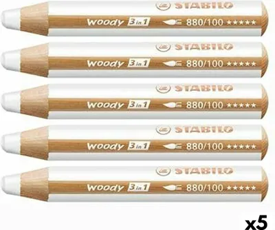 Image de Crayon de couleur, aquarelle & craie de cire - STABILO woody 3 in 1 - Pack de 5 - blanc