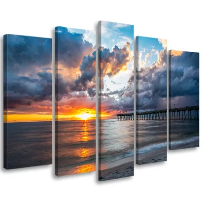 Immagine prodotto di Quadro in tela in 5 parti tramonto sul mare 100x70 cm Feeby arancione quadro pronto da appendere