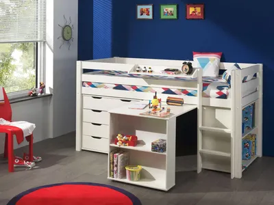 Produktbild von Vipack Spielbett Pino mit Schreibtisch, Regal und Schubladenkommde  - Bett Kiefer massiv, Beimöbel MDF weiß lackiert, Maße: 210 cm x 114 cm x 106 cm; PICOHSBUBIKS14