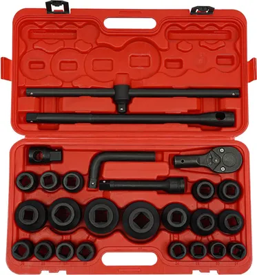 Zdjęcie produktu dla Zestaw kluczy nasadowych - nasadki udarowe - 26 elementów - 21–65 mm - 1,9 cm i 2,54 cm czworokąt - 45 stal wysokowęglowa - do samochodów osobowych i dostawczych - czarny