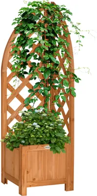 Produktbild von Outsunny Pflanzkasten mit Rankhilfe, Blumenkasten, Blumenkübel, Pflanzkübel, für Garten, Terrasse, Balkon, Naturholz, Braun, 32 x 32 x 108 cm