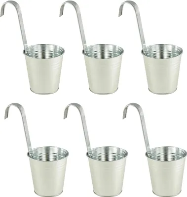 Six identical galvanized metal buckets with handles arranged in two rows of three.
