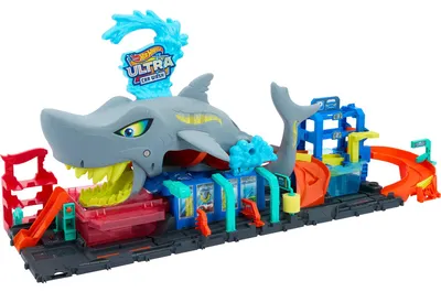Produktbild von Hot Wheels City Ultimative Hai-Autowaschanlage mit Farbwechsel-Spielzeugauto im Maßstab 1:64, Rennauto- & Schienen-Set, 3 Jahr(e), Kunststoff, Mehrfarbig
