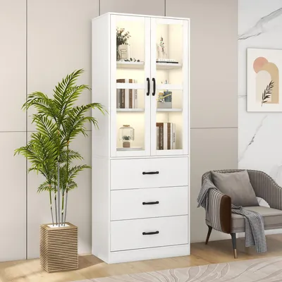 Produktbild von Merax Hochschrank mit 3 Schubladen, Standvitrine mit LED Beleuchtung und Acryl Türen, Wohnzimmerschrank aus MDF, moderne Sammlervitrine, Weiß