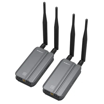 Two wireless HDMI transmitter and receiver units are shown against a white background.