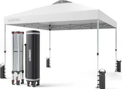 Produktbild von Wiltec pop-up altánok 3 x 3 m biely s kolieskami, skladací altánok s technológiou "One Push" a záťažovými vreckami, záhradný altánok s nastaviteľnými nohami
