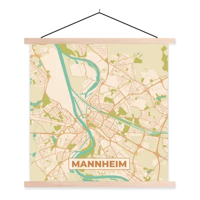 Produktbild von MuchoWow® Textilposter Manneheim - Karte - Vintage - Stadtplan 60x60 cm mit holzfarbenen Rahmen - Wanddekoration